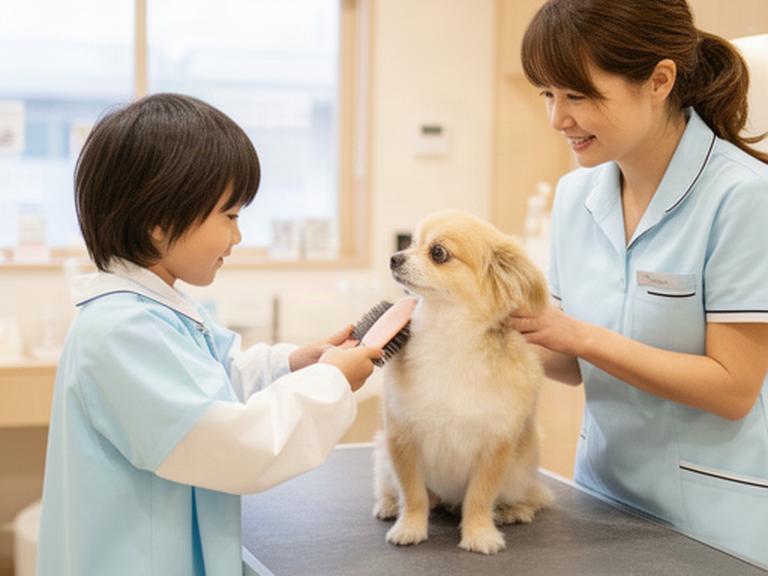 滝川市のサロンで子どもがスタッフと一緒に犬のブラッシングを体験している様子