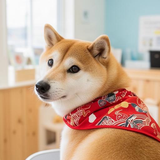 赤い和柄バンダナをつけた柴犬が自然光の入る店内で振り向く投稿写真